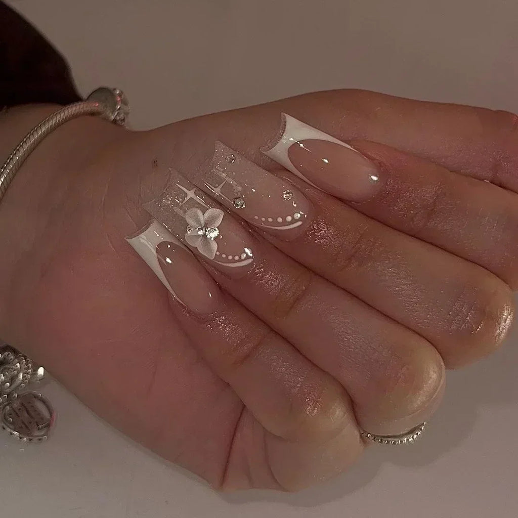 10Pcs Long French Fake Nails with Glue Ballet False Nails Butterfly Rhinestone Design Press on Nails Wearable Coffin Nail Tips