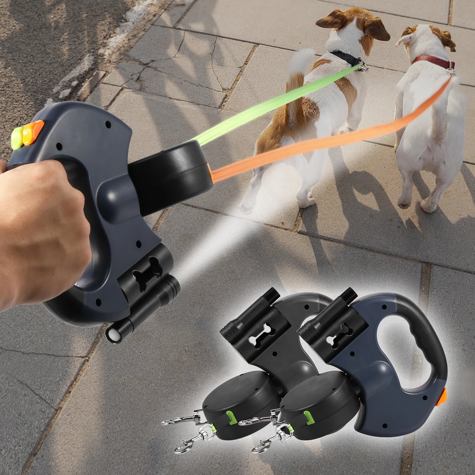 2 IN 1 Retractable Dog Leash 3M Reflective Dog Walking Leash with Light and Garbage Bag Compartment for Small Medium Dogs