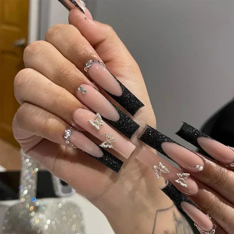 10Pcs Long French Fake Nails with Glue Ballet False Nails Butterfly Rhinestone Design Press on Nails Wearable Coffin Nail Tips