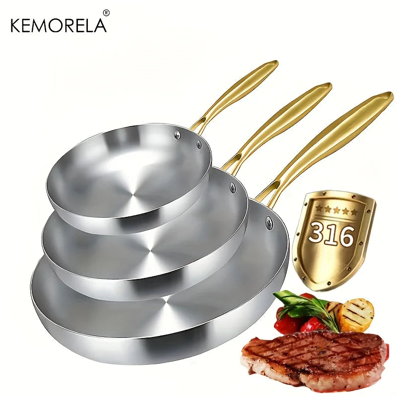 3PCS 316 Stainless Steel Gold Handle Frying Pan 2MM Thick Wok Pan 5 Ply Steel Food Grade Safety Non-Stick Pans Multiple Sizes