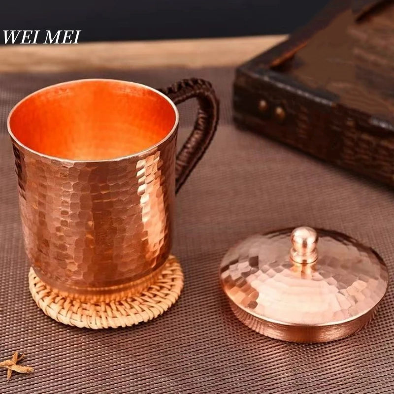 Handcrafted Vintage Pure Copper Coffee Cup,With lid Juice Breakfast Mug,Woven Handle Hammer Texture Home 550ml Tea Cup Tableware