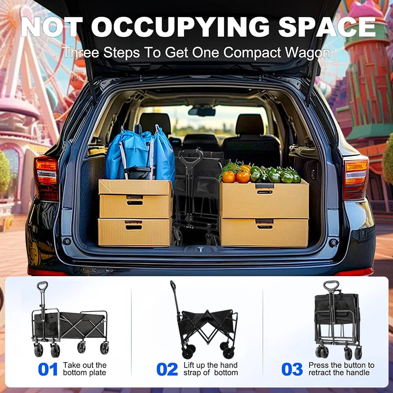Foldable cart, Foldable trailer on wheels, Foldable trailer, Large capacity portable trailer, For shopping, sports, camping, gar