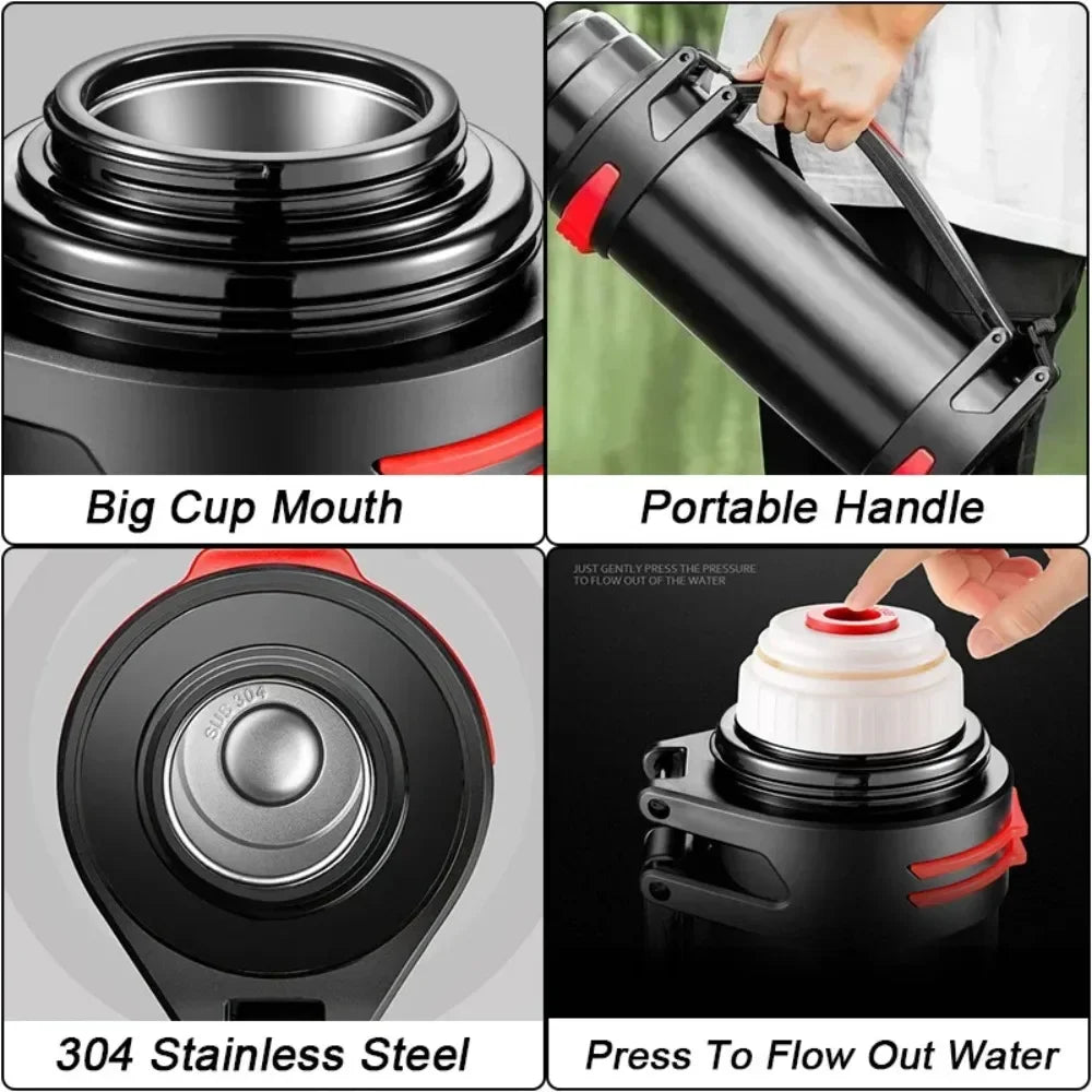 1.2/1.6/2.0L Stainless Steel Thermos Bottle Outdoor Vacuum Flask 24H Hot Cold Leakproof Large Capacity for Travel Hiking Camping