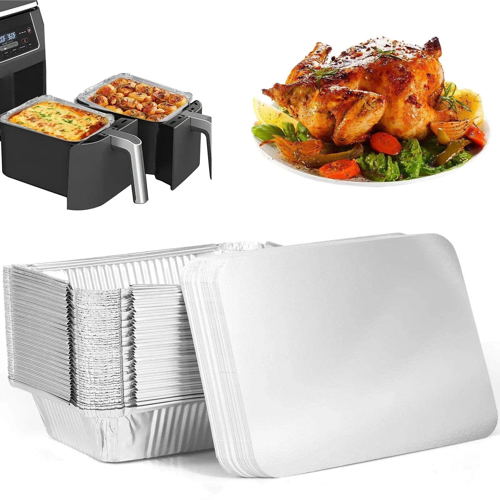 50/100pcs Aluminum Foil Trays with Lids Non-Stick Baking Pans Food Grade BBQ Bowl for Air Fryer Oven Baking Cooking Kitchen Tool