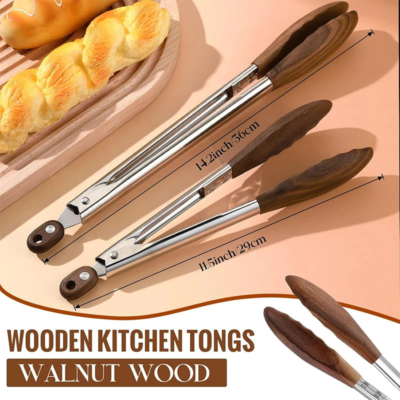 LMETJMA Wooden Kitchen Cooking Tongs Stainless Steel Kitchen Tongs with Wooden Tips Long Handle Food Salad Tongs For BBQ Cooking
