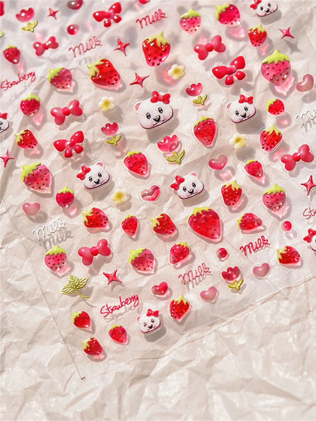 1PCS 5D Easter cute rabbit Stickers Lovely  Red Strawberry  Soft Embossed Reliefs Self Adhesive Nail Stickers Manicure Decals