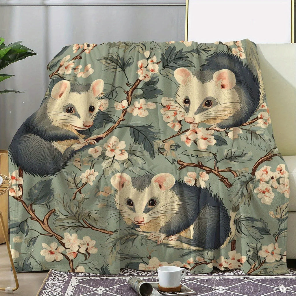 Vintage Floral and Opossum Print Flannel Throw Blanket - Digital Print Soft Cozy Warm Polyester Knit for Couch, Bed, Sofa, Offic