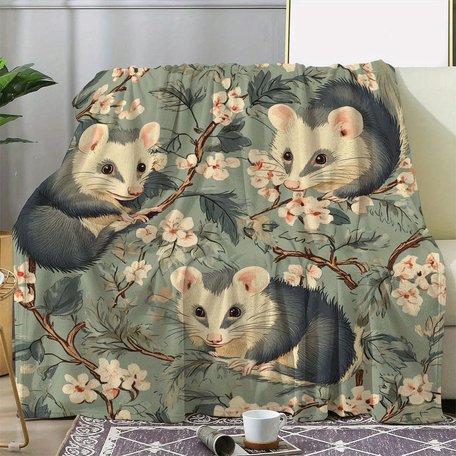 Vintage Floral and Opossum Print Flannel Throw Blanket - Digital Print Soft Cozy Warm Polyester Knit for Couch, Bed, Sofa, Offic