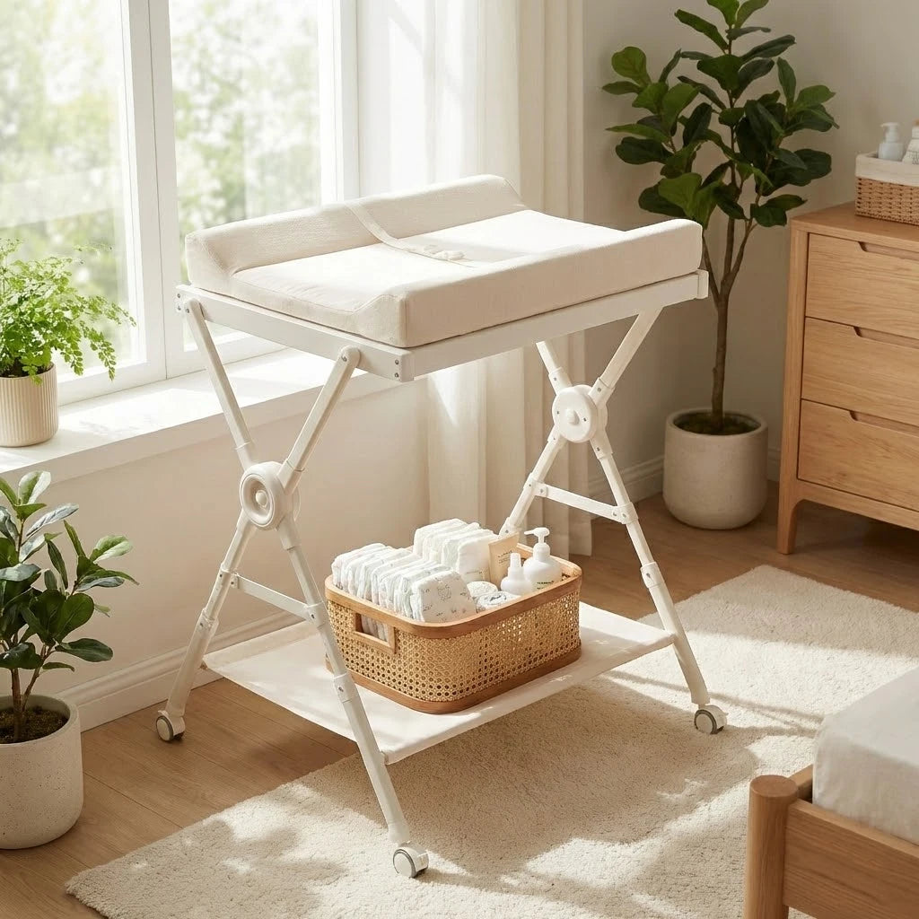 Portable Foldable Baby Changing Table with Wheels - Adjustable Height, Storage Rack, Side Basket & Hanging Rail, Multi-Functiona