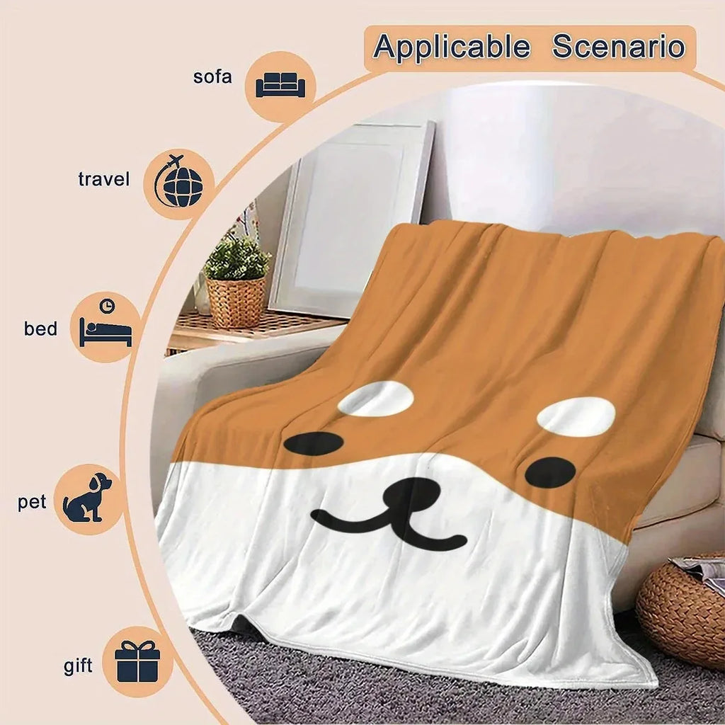 Cute Shiba Inu Face Flannel Blanket - Kawaii Pet Soft Cozy Throw for Sofa Bed Kids Room Gift