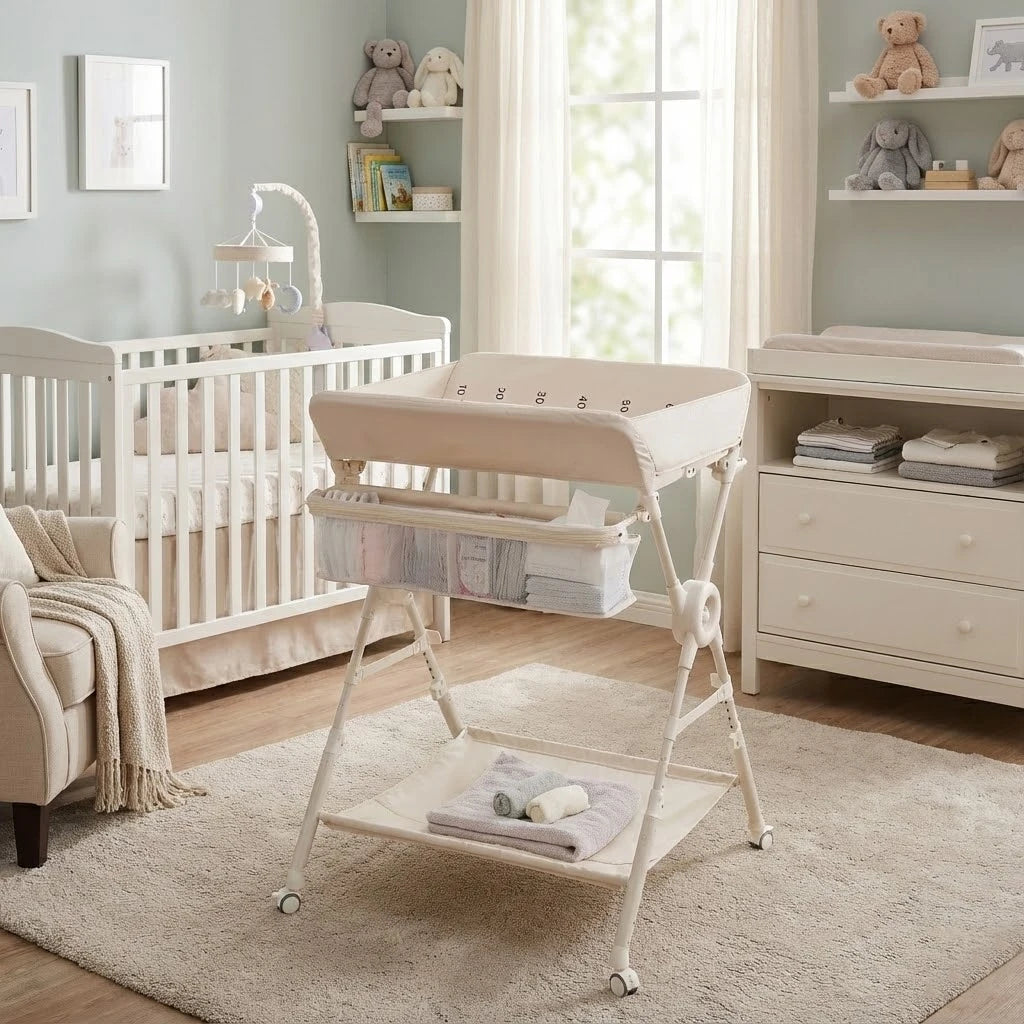 Portable Foldable Baby Changing Table with Wheels - Adjustable Height, Storage Rack, Side Basket & Hanging Rail, Multi-Functiona