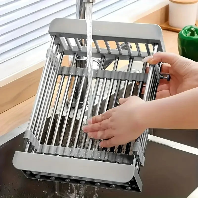 Expandable Stainless Steel Sink Drain Basket,Collapsible Kitchen Dish Drying Rack with Draining Filter Grid,Sink Organizer Tray