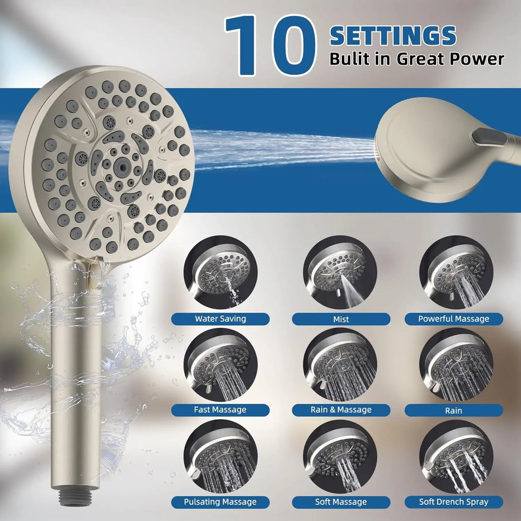 12" All Metal High Pressure Shower Head Combo with 10-Spray Settings, Rainfall Head, Adjustable Arm & Hose