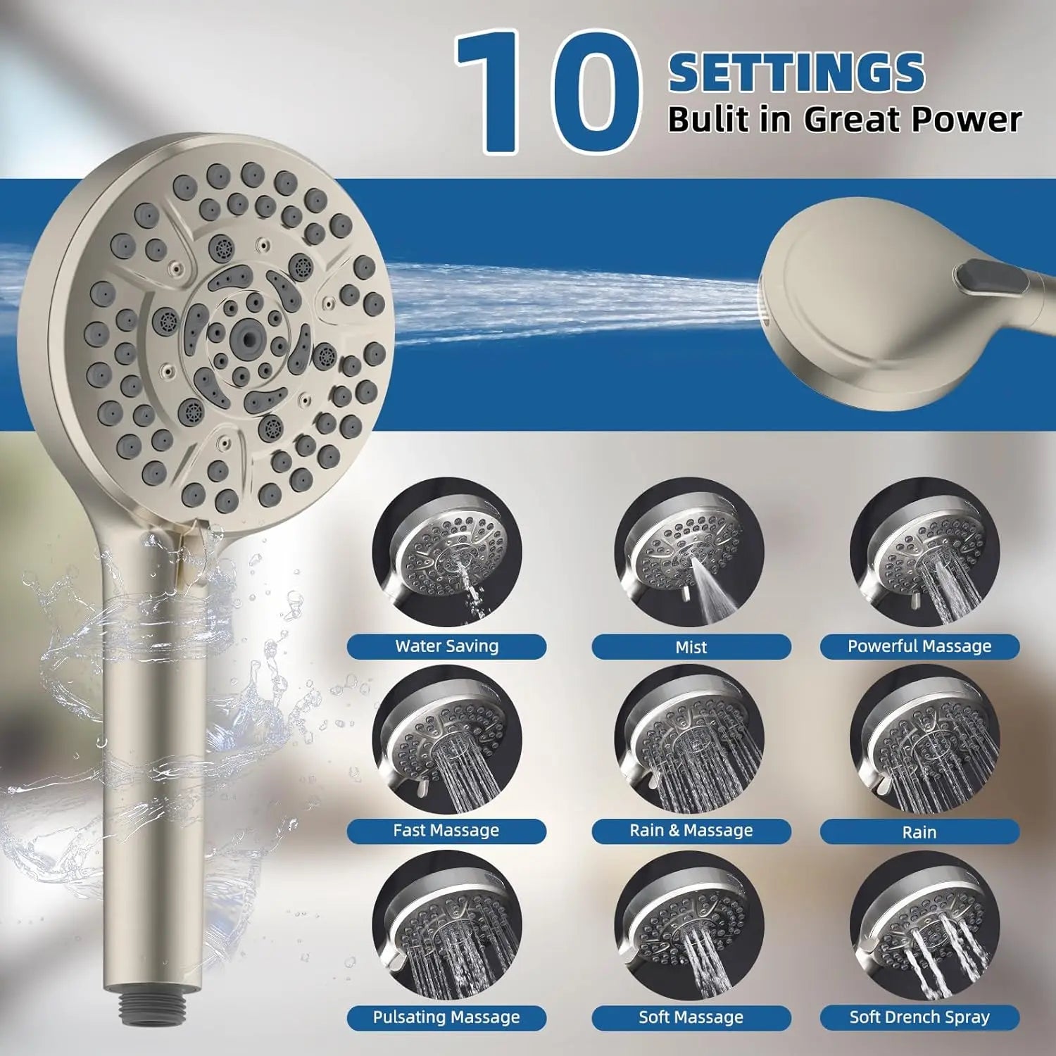 12" All Metal High Pressure Shower Head Combo with 10-Spray Settings, Rainfall Head, Adjustable Arm & Hose
