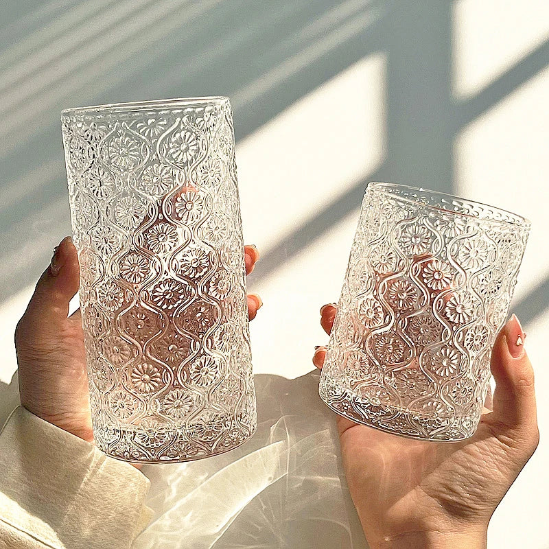 Begonia carved glass simple ice American latte coffee cup milk drink cup household water cup suitable for restaurants and coffee
