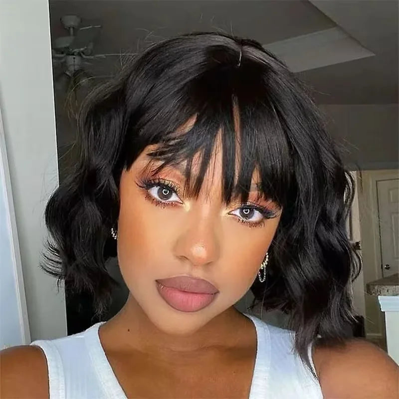 Body Wave Bob Wig With Bangs Short Full Machine Made Human Hair Wigs 220% Density Loose Body Wave Brazilian Natural Black Color