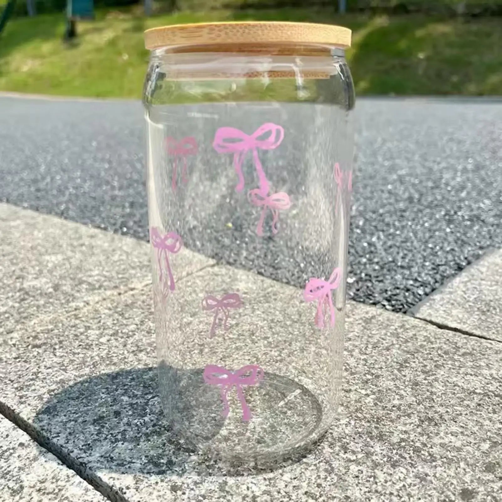 Transparent Glass Tumbler Pink Bow Flower Sticker Drink Juice Cup Suitable For Hot And Cold Drinks Bow Tie Straw Cup
