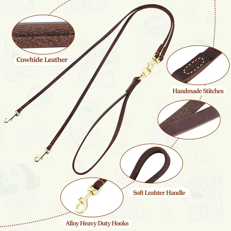 Benepaw Genuine Leather Double Dog Leash Durable Heavy Duty No Tangle Dual Puppy Pet Leads For Small Medium Dog Walking Training