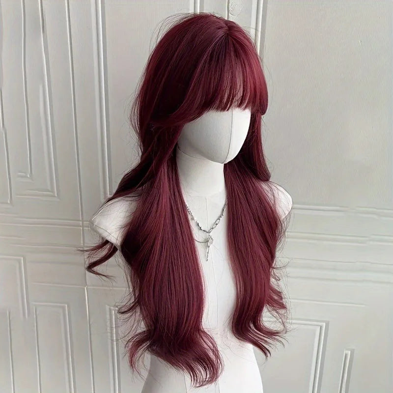 Red wine color synthetic wig with big waves for Halloween party, Cosplay wig, everyday wig, high-temperature hair fiber wig set