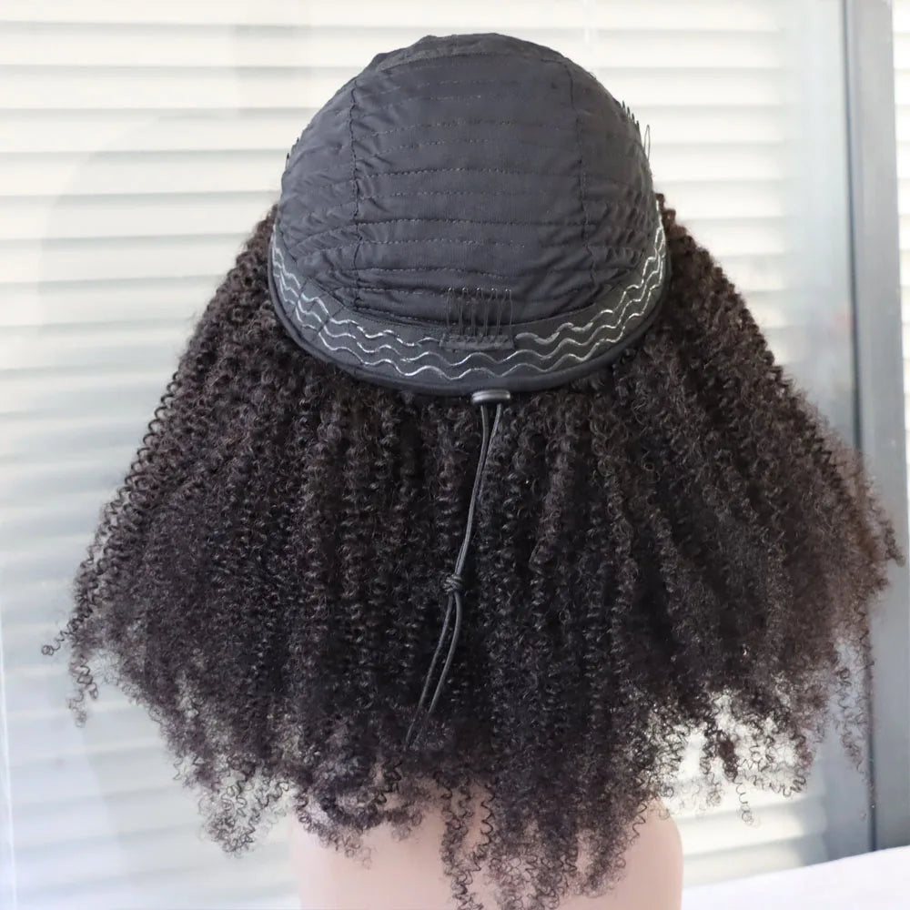 4C Afro Kinky Curly Half Head Human Hair Wig Natural Black #1B Jet Black #1 Virgin Remy Machine Made Full Head Wig for Women