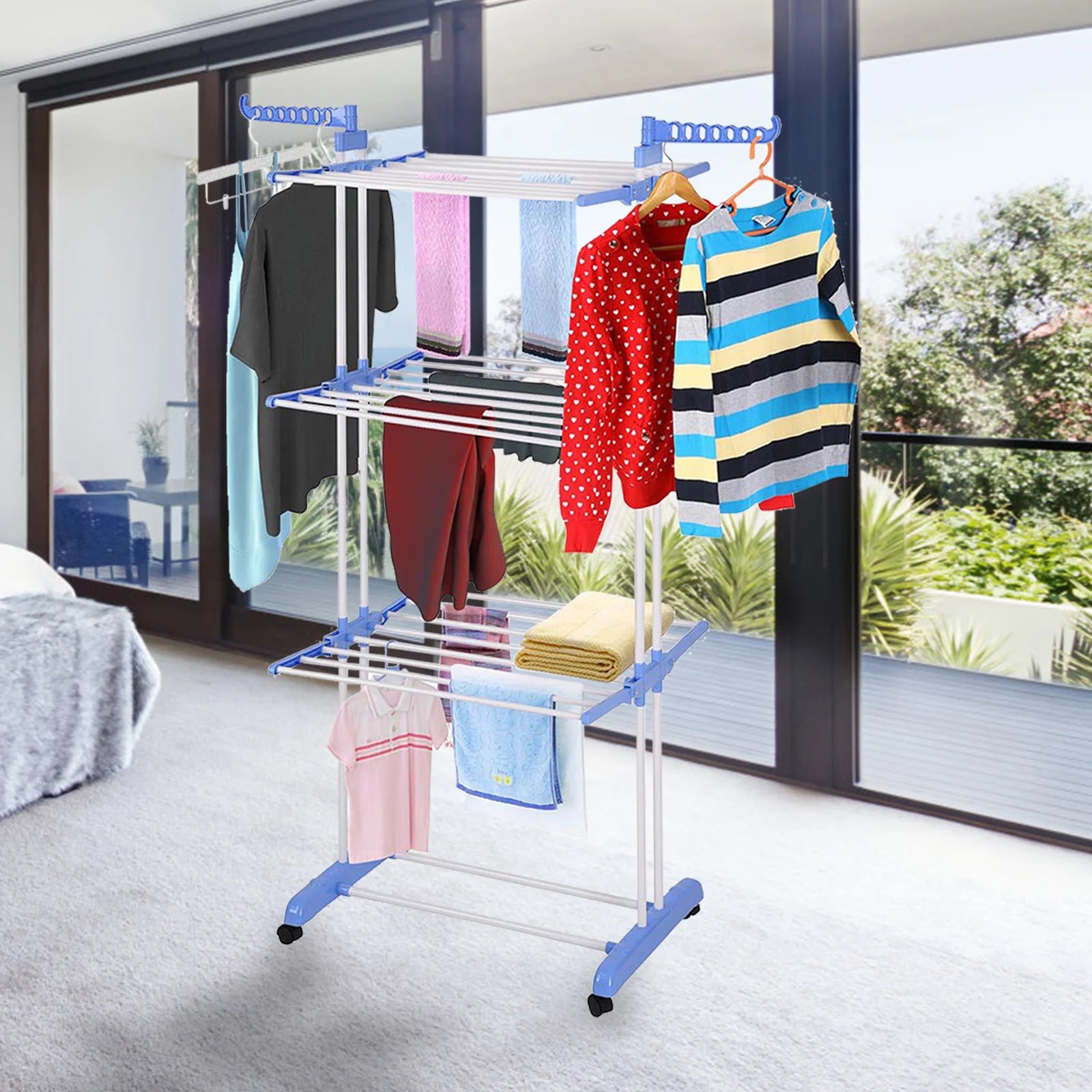 4-Tier Clothes Drying Rack Foldable Expandable Rack Large Movable with Wheels Space Saving Multi-functional Indoor & Outdoor