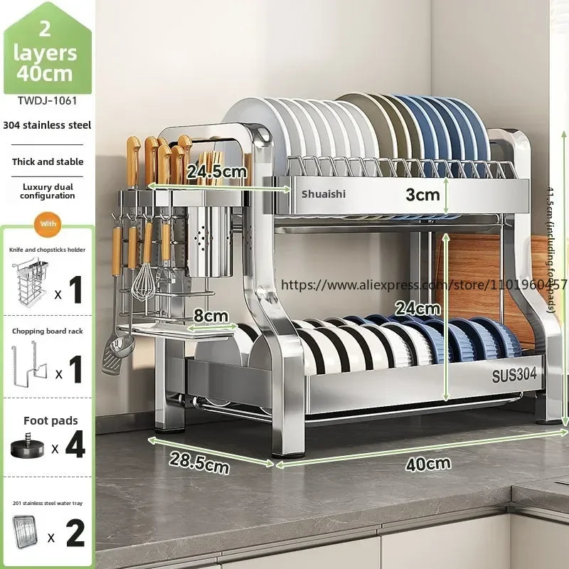 304 Stainless Steel Dish Storage Rack Kitchen Multifunctional Storage Dish Drain Rack Countertop Kitchen Accessories