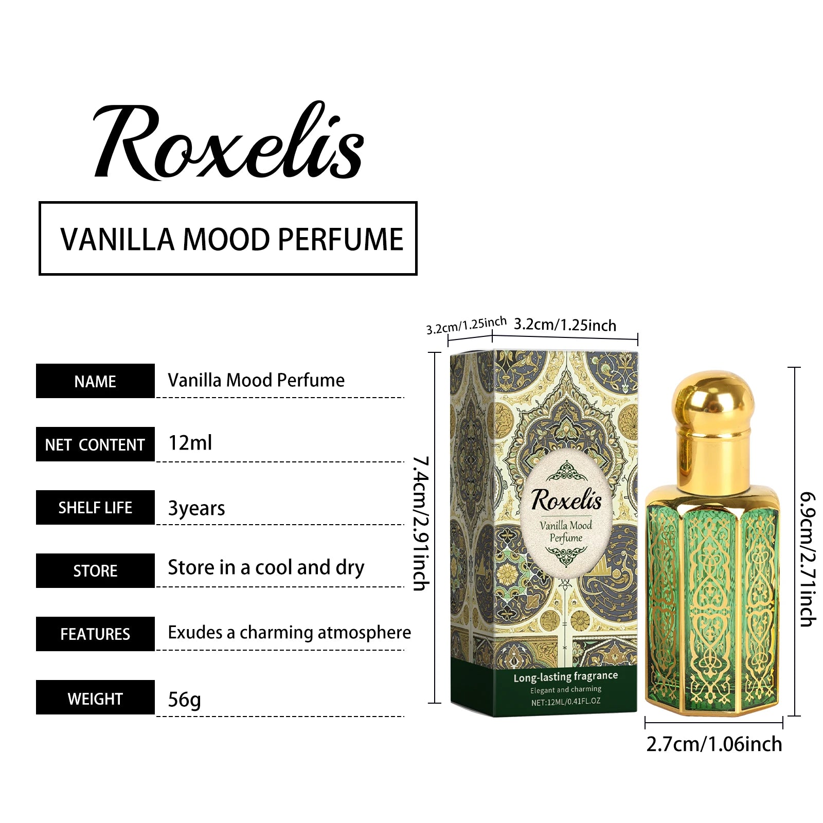Roxelis Vanil﻿la Perfume for Women, Arab Elegant Scent Long-Lasting All-Day, Mild & Charming, Portable Fragrance for Daily/Party