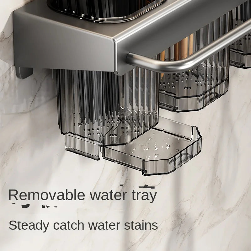 Wall-mounted knife rack for kitchen, multifunctional, no drilling required, knife and utensil holder, chopstick tube, integrated