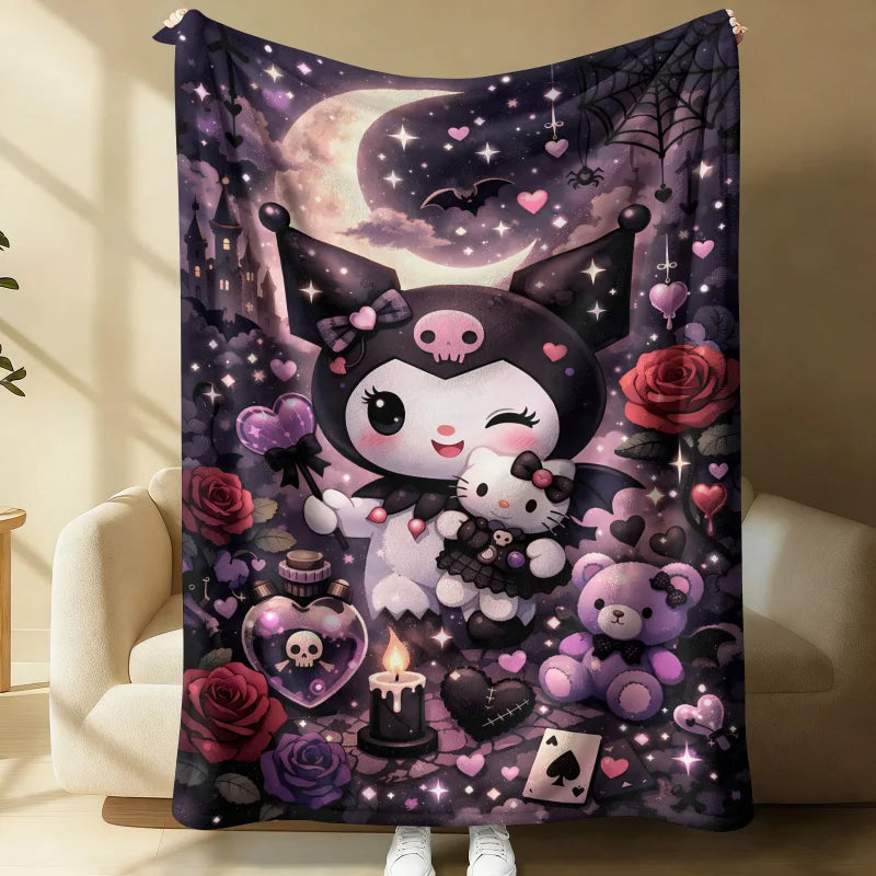 Sanrio Kuromi x Hello Kitty Flannel Blanket Kawaii Gothic Moon Print Soft Cozy Throw for Aesthetic Room Decor Gift