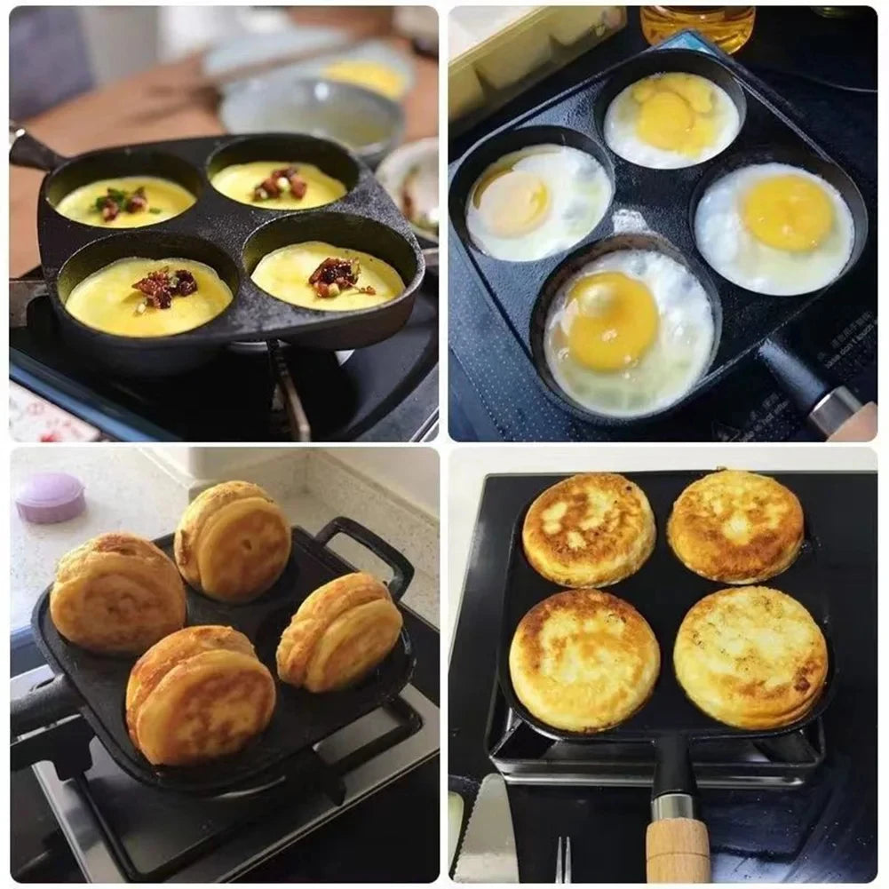 Cast iron four-hole omelette pan non-stick chemical-free coating breakfast pan household egg hamburger baking pan cooking tools