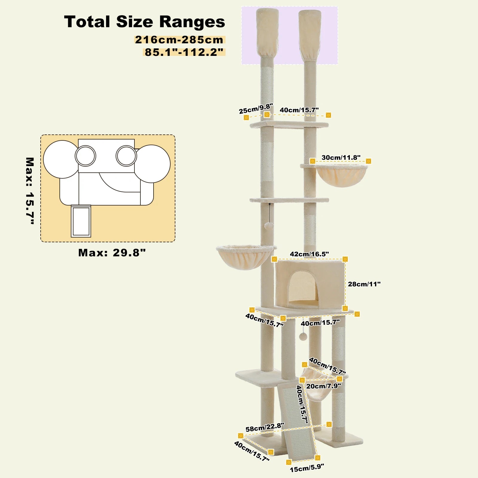Floor to Ceiling Cat Tree with Sisal Scratching Posts Cozy Condo Hammock Adjustable Height Tall Cat Tower for Indoor Cat Toys