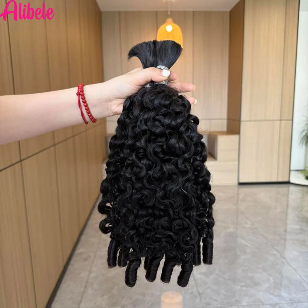 Alibele Hair Bulk Hair For Braiding 100% Real Human Hair Burmese Curly Hair For Boho Braids 12A Grade Hair 95g-105g NaturalColor