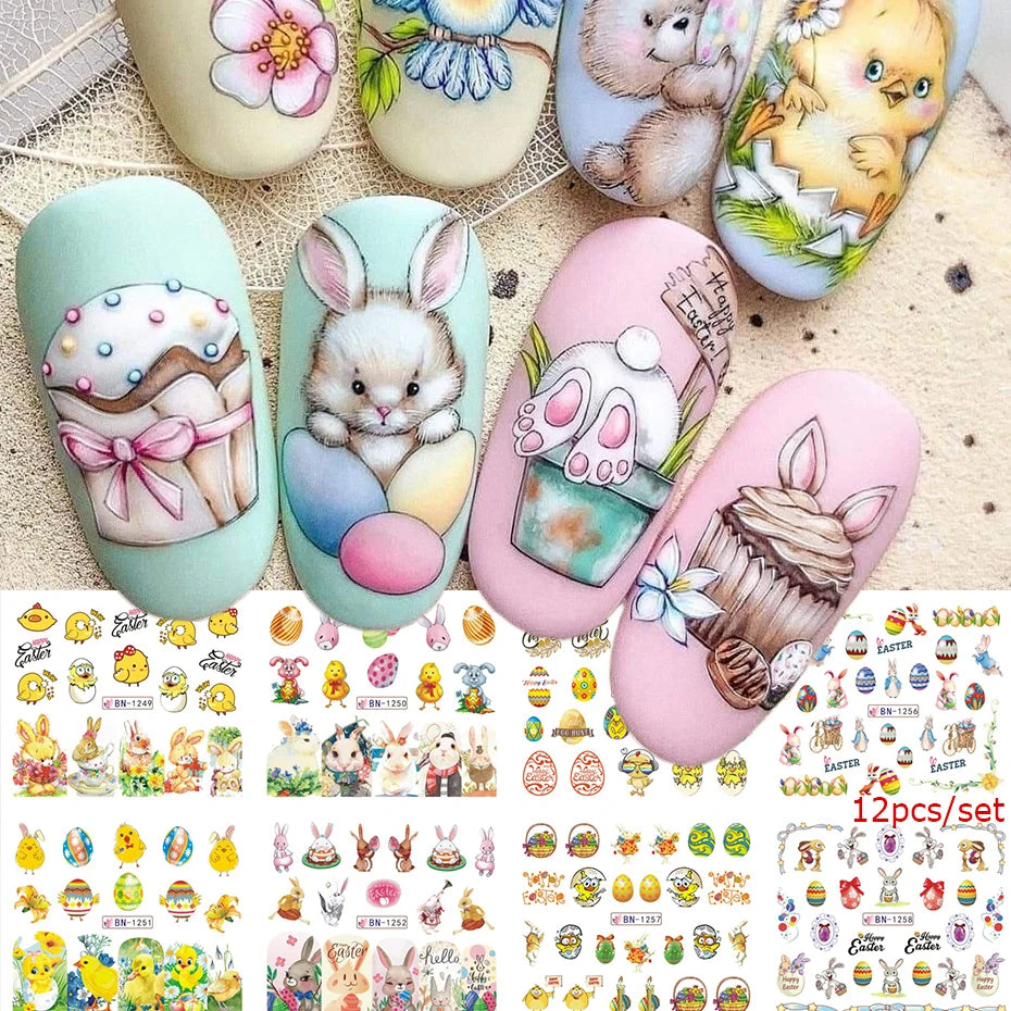 12Design Cartoon Animal Nail Art Water Transfer Stickers With Cute Bunnies And Colorful Eggs Nail Decals for Easter DIY Nail art