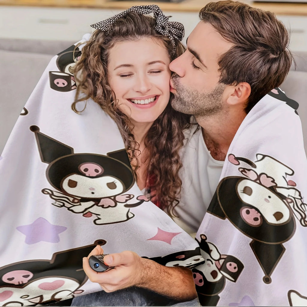 1pc Sanrio Kuromi Flannel Blanket 2D Print All Season Warm Soft Throw for Bedroom Living Room Camping Travel Home Decor Holiday