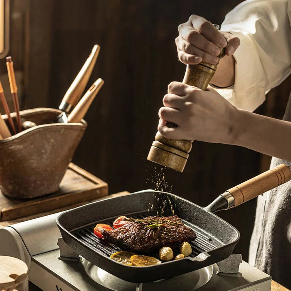 Cast Iron Grill Pan Non-Stick Square Skillet with Drip Spout with Wooden Handle for Indoor & Outdoor Grilling