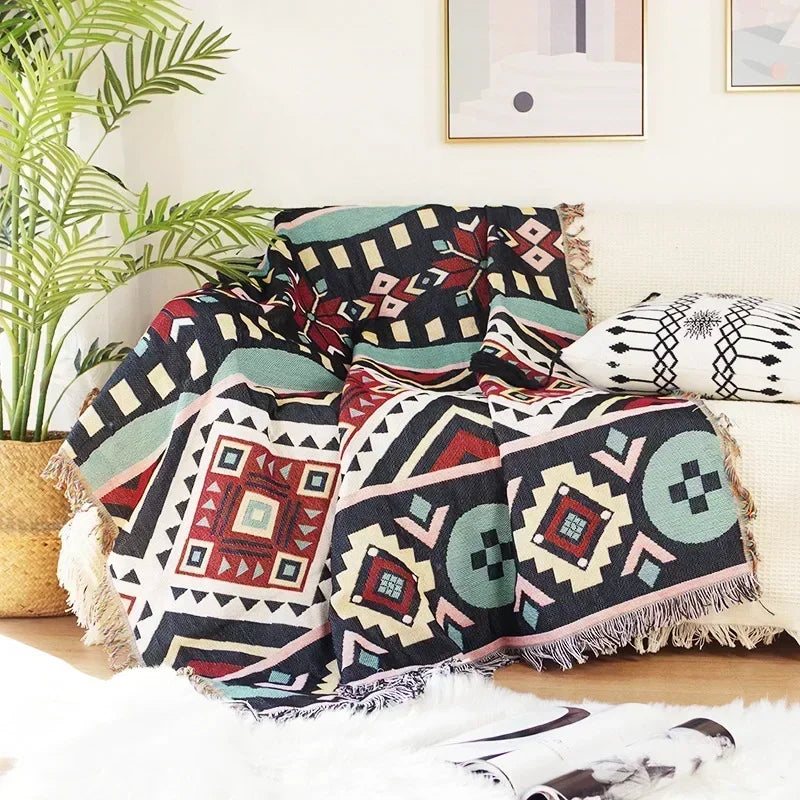 Outdoor Camping Tribal Rugs Blankets Indian Picnic Blanket Boho Decorative Bed Blankets Plaid Sofa Mats Travel Rug Tassels Linen