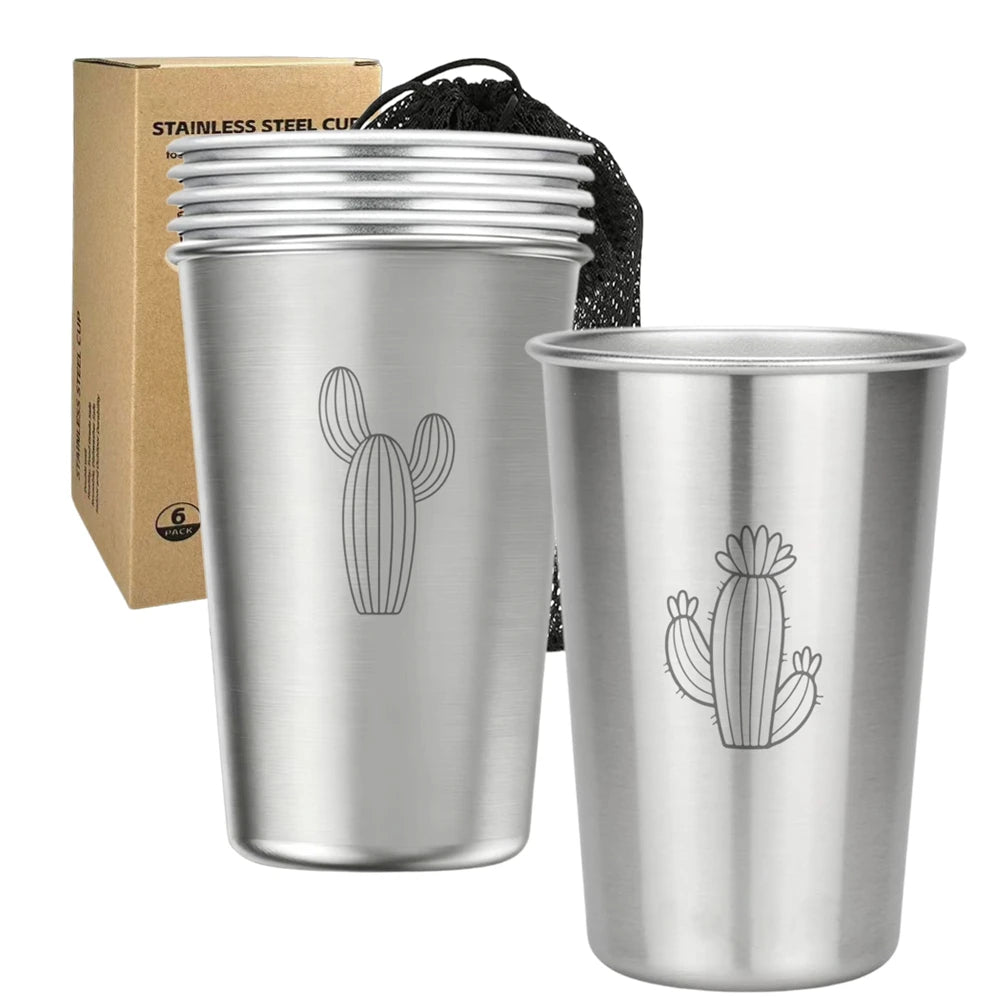 Premium Stainless Steel Cups 6 Pack Pint Cup Tumbler Metal Cups Stackable Durable Cup Chilling Beer Glasses for Travel Party