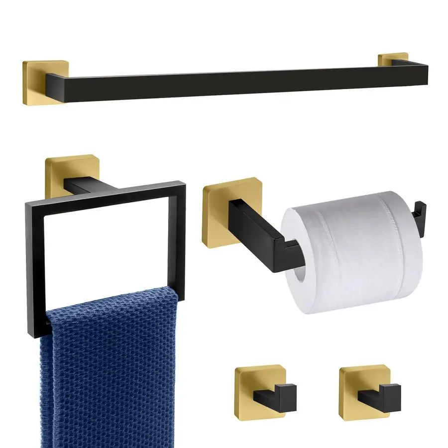 Piece Black and Gold Towel Bar Set Gold and Black Bathroom Accessories with 2 Towel Hook, Stainless Steel Wall Mounted Bathroom