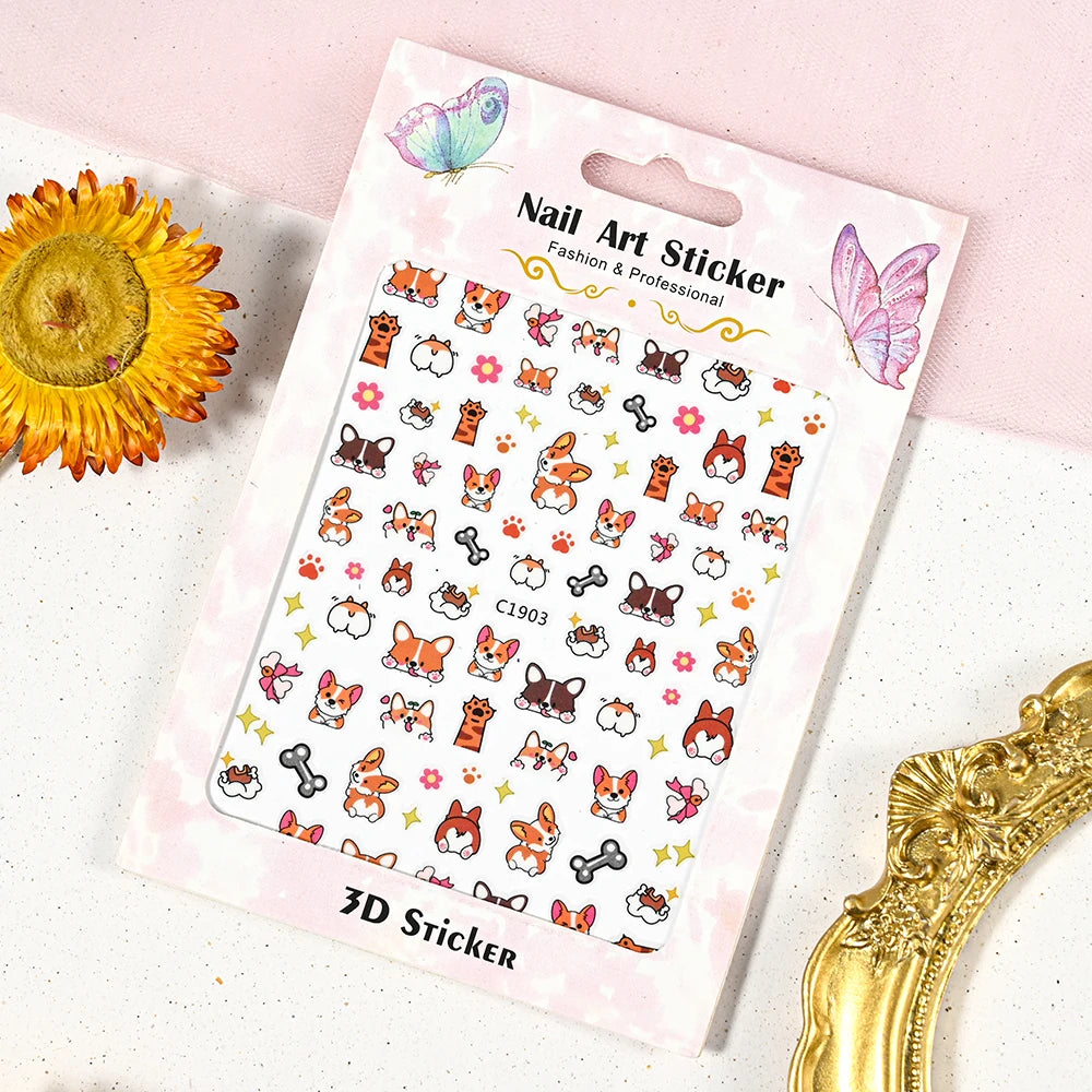 1pc 5D Cute Jelly Pink Cat Paw Print Nail Sticker Lovely Kitty Puppy Dog Cartoon Embossed Relief Nail Art Sticker Manicure Decal