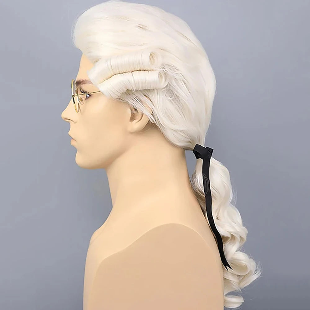 HAIRJOY Synthetic Hair Mens Judge Colonial Wig Long Blonde Powdered Wavy Wig Costume Cosplay Party White Wigs(no glasses)