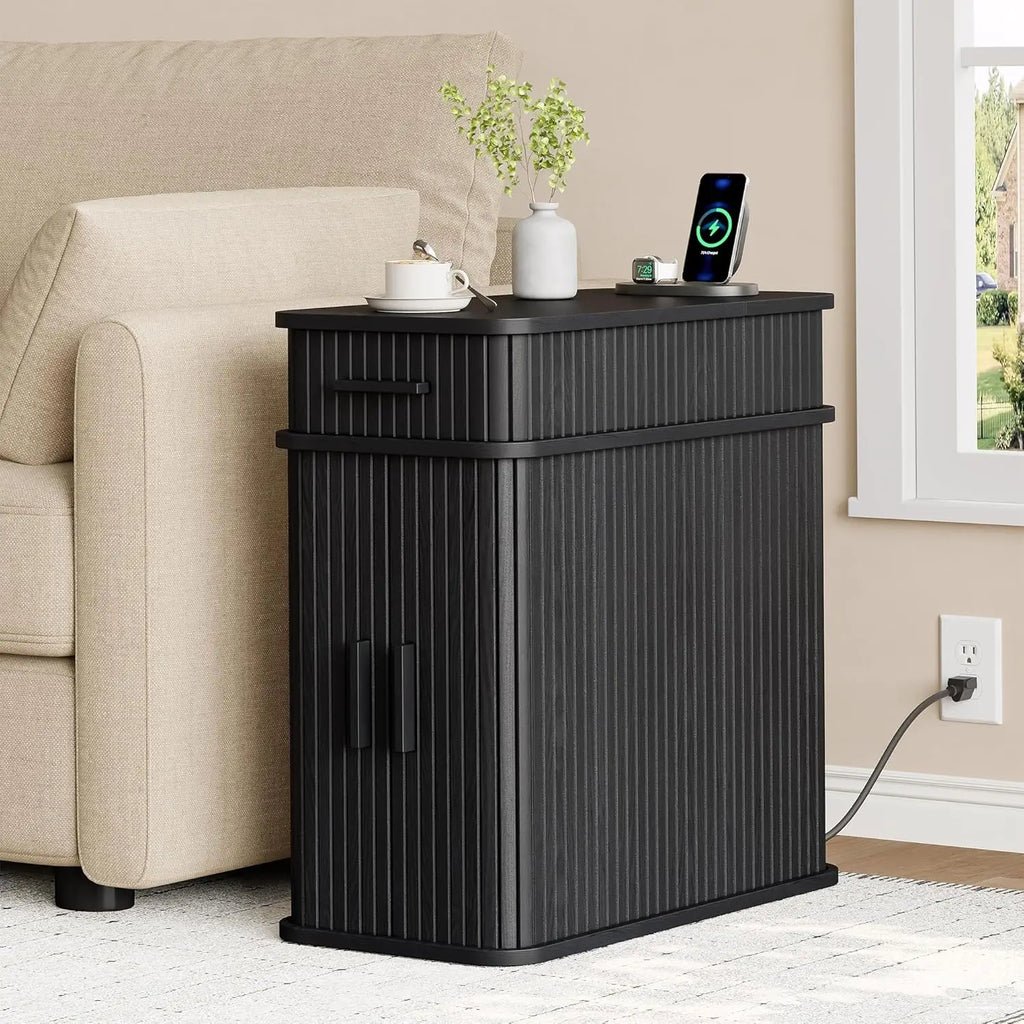 Fluted End Table with Charging Station, Narrow Side Table with Drawers, Wood Skinny Nightstand with Storage,, Customized