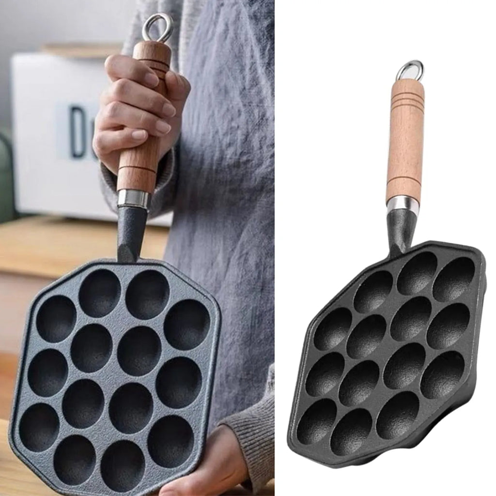 Octopus Meat Ball Mold Maker Easy To Clean 14 Holes Takoyaki Grill Pan Cast Iron Thickened Detachable Handle for Kitchen