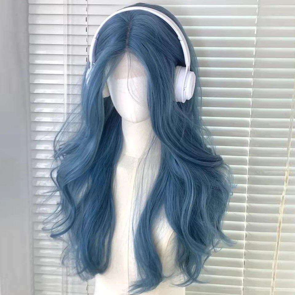 22Inch Sea Blue Color Synthetic Wigs Middle Part Long Natural Wavy Hair Wig For Women Cosplay Drag Queen Party Heat Resistant