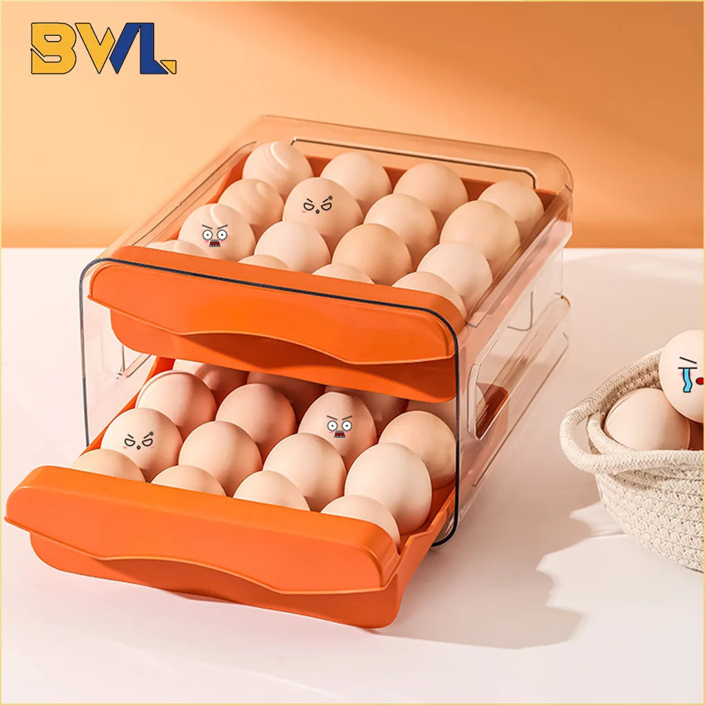 Double Layer Egg Storage Container Plastic Refrigerator Organizer with Drawer Design Kitchen Household Fresh Keeping Box
