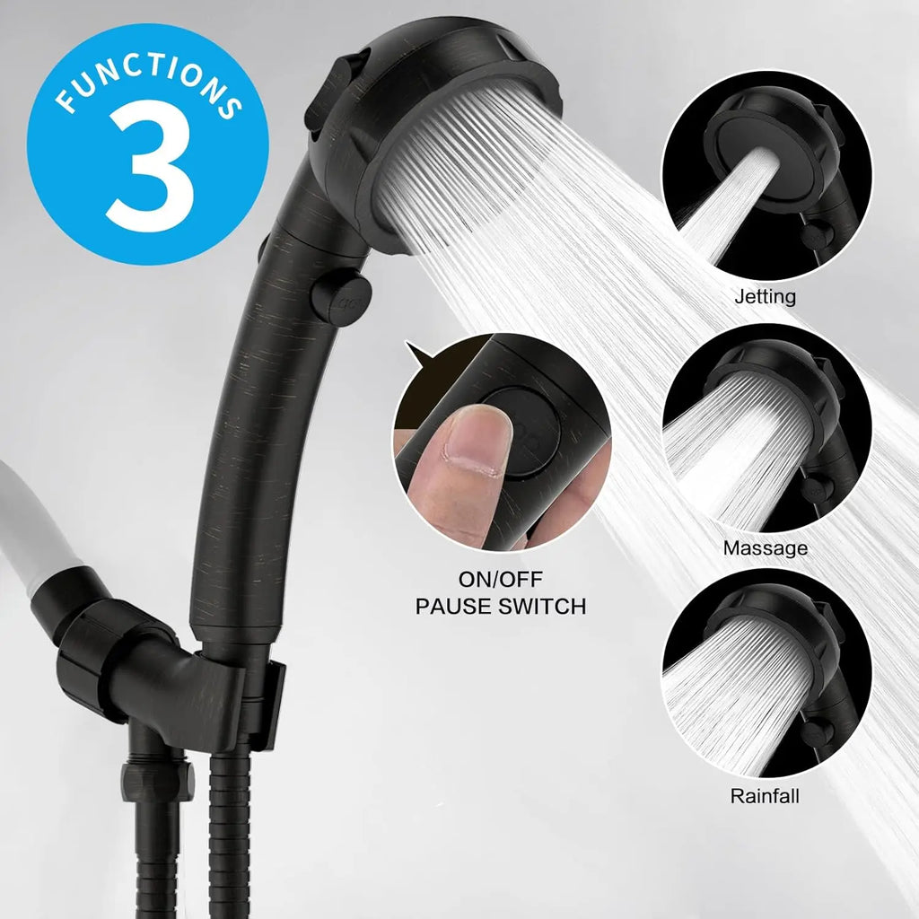 High Pressure Oil-Rubbed Bronze Handheld Shower Head with ON/OFF Switch, 3 Spray Modes, Adjustable Bracket