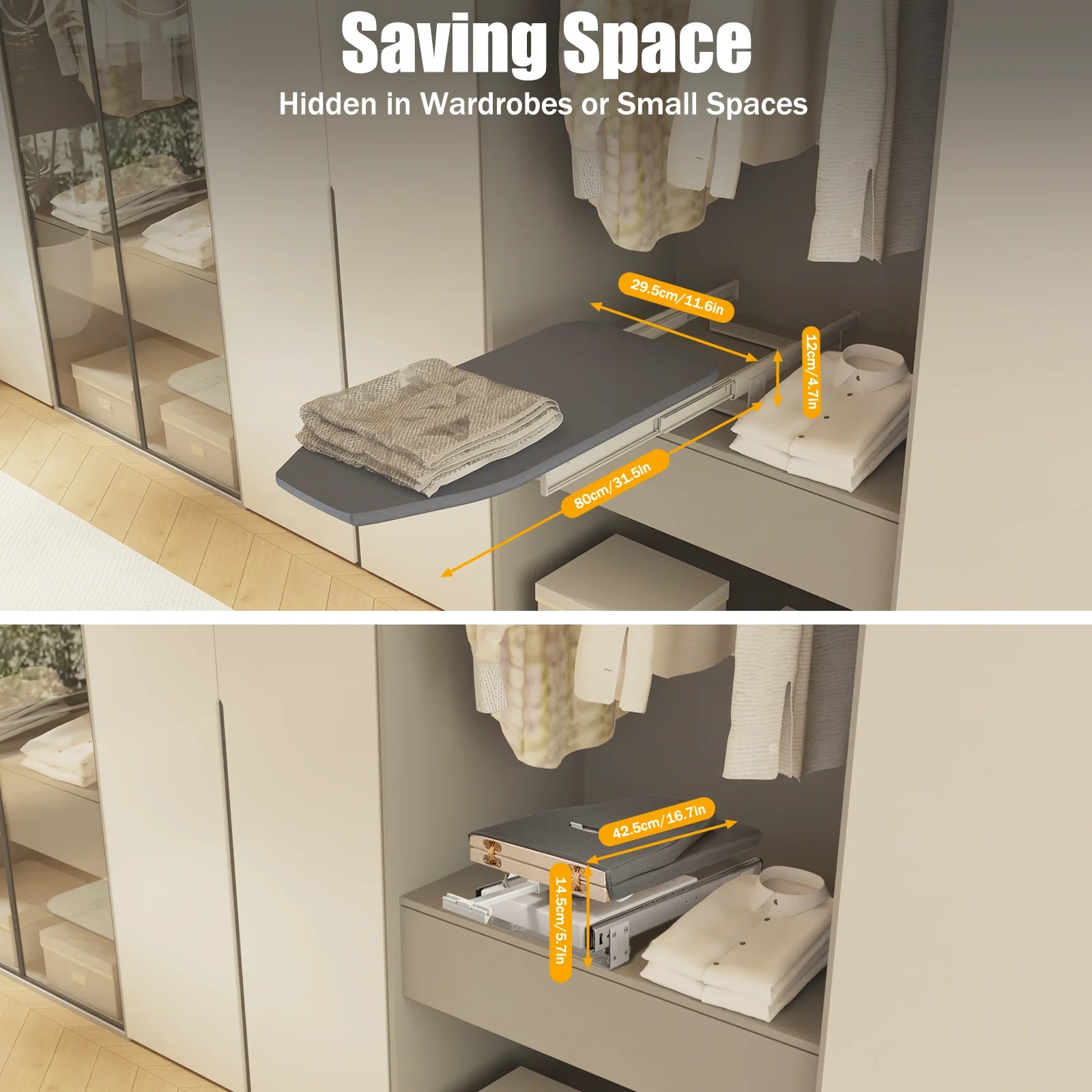 Folding Ironing Board for Cabinet, 180° Rotation Built-in Retractable Pull Out Ironing Board, Quiet Slide,Space Saving,Load 45kg