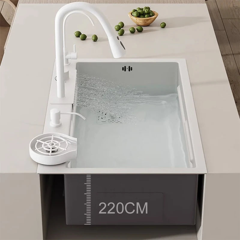 YCRAYS Nano Multifunction White Kitchen Sink Waterfall Faucet Large Single Bowl Wash Basin Cup Washer Pure Tap Soap Dispenser
