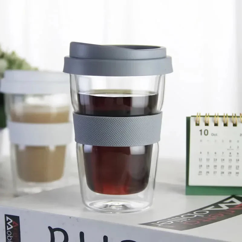 Heat Resistant Double Wall Glass Cup, Drink Water Bottle with silicone Cover and Anti scalding Sleeve, Office Handy Mug