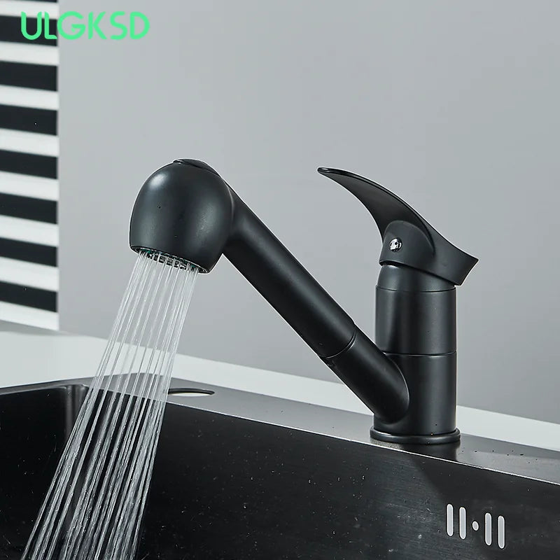 Matte Black 360° Rotation Pull Out  Brass Faucet Hot And Cold Water Mixer Sink Tap Wide Single Handle Kitchen Faucet Deck instal