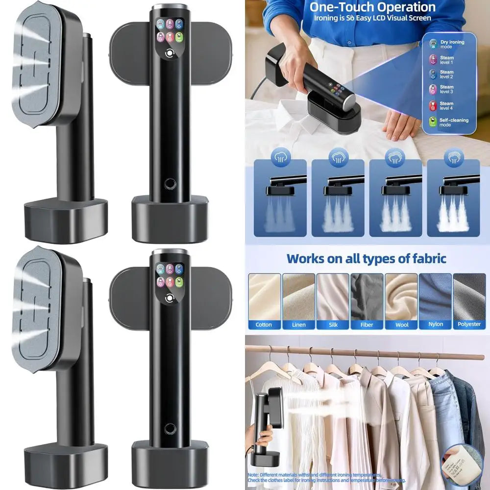 Portable 1300W Steamer and Iron, 15s Heat Up, LED Touch Display, 6 Modes, 35 Mins Runtime, 190ml Tank for Travel and Home Use